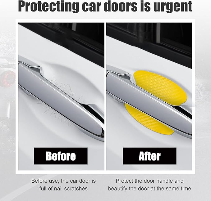 Kewucn 4PCS Car Door Handle Sticker, Carbon Fiber Auto Door Side Handle Protective Films, Anti-Scratch Vehicle Door Cup Protector, Universal Exterior Accessories for Most Cars (Yellow)