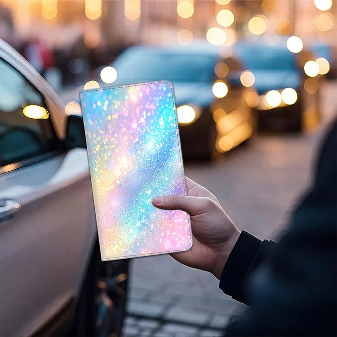 Car Registration Holder, Waterproof PU Leather Vehicle Card Document Glove Box Organizer, Women Interior Auto Accessories Case for Cards, Driver License Car Insurance Holder, Colorful Glitter Pattern