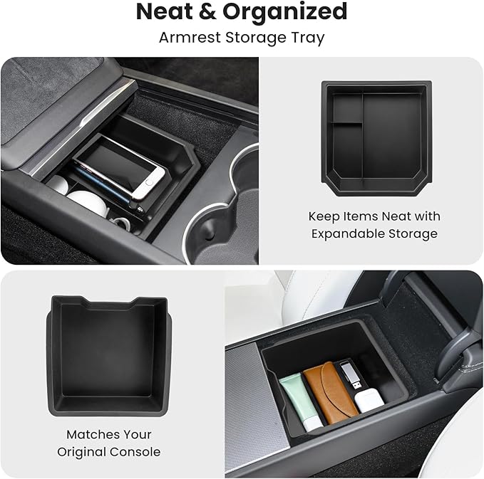 4Pcs Center Console Organizer Tray for Tesla Model 3 Highland 2024 2025 and Model Y Juniper 2025 2026 Accessories, Cup Holder Insert for New Model Y, Armrest Hidden Storage Box for New Model 3