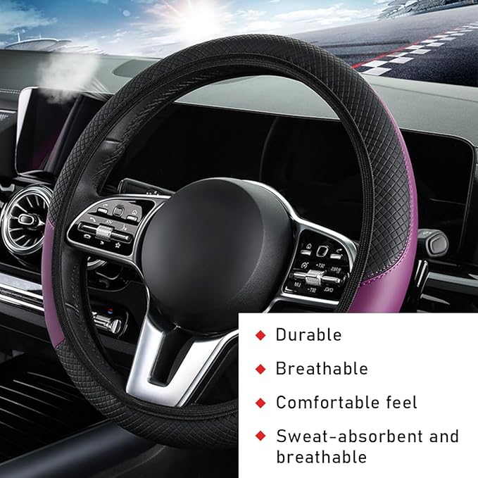 Car Steering Wheel Cover, 15 Inch Leather Breathable Auto Steering Wheel Protector, Comfortable Non-Slip Vehicle Steering Wheel Covers, Universal Interior Car Accessories (Black+Purple, AD)