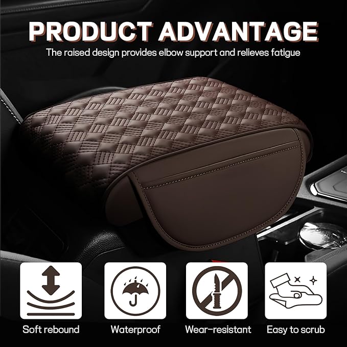Hbxdeco Car Armrest Cushion, 12.2"×8.3" Leather Auto Memory Foam Center Console Pad with Storage Pocket, Waterproof & Anti-Scratch Elbow Pillow Armrest Seat Box Protector, Universal Fit (Coffee)