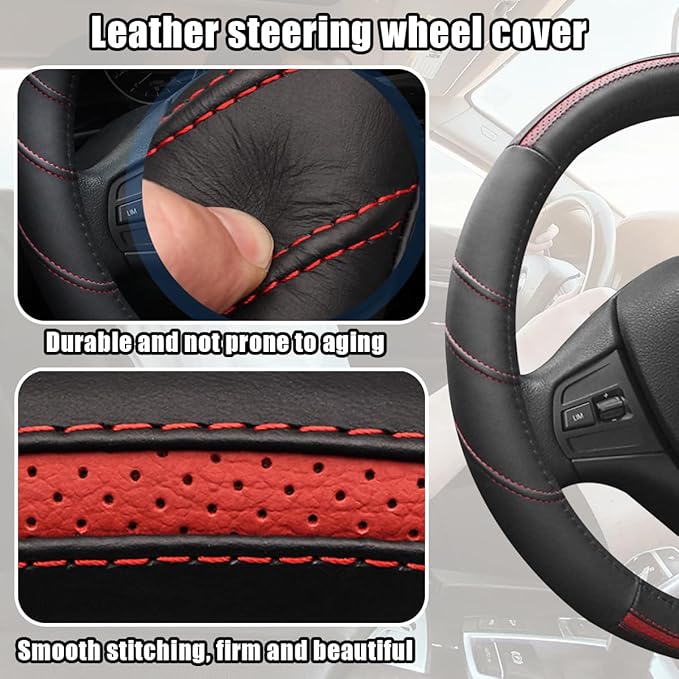 Car Steering Wheel Cover, Genuine Leather Non Slip Vehicle Steering Wheel Protector, Breathable & Soft Auto Interior Protection Accessories, Universal for SUV Sedan Truck (Black/Red)