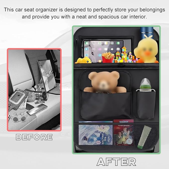 2PCS Car Backseat Organizer, Waterproof Practical Back Seat Protector with Tablet Holder, Hanging 6 Storage Pockets with Foldable Table Trays for Vehicles, Car Accessories