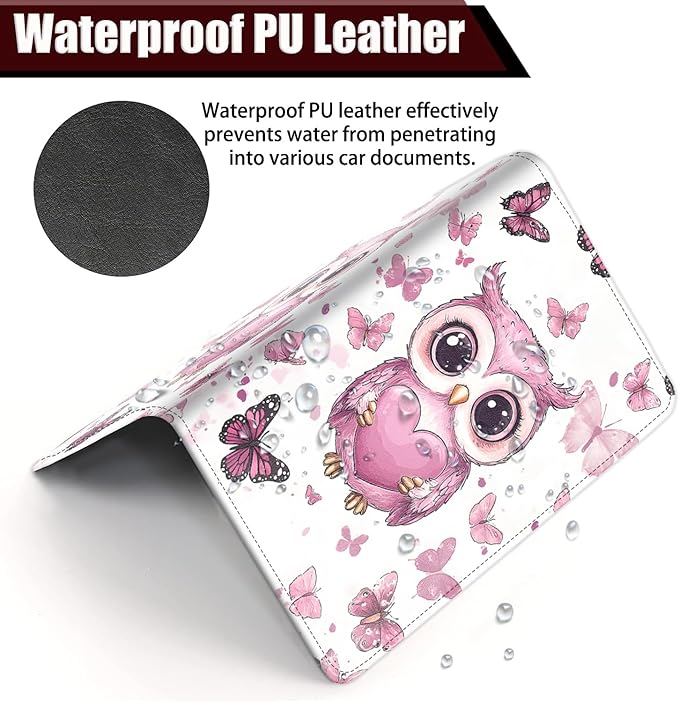 Car Document Holder with Magnetic Shut, Car Registration and Insurance Card Holder, Vehicle Glove Box Organizer Documents, Driver License, Auto Paperwork Organizer Wallet, Pink Heart-Shaped Owl