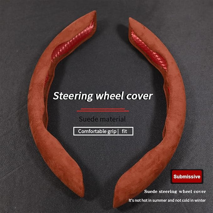 Car Steering Wheel Cover, Microfiber Suede Leather and Carbon Fiber Double Sided Design, Warm in Winter and Cool in Summer, Breathable Non Slip Segmented Protector for Most Cars (Turn Fur/Brown)