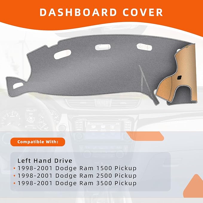 KEYOOG Dashboard Cover Dash Mat Fit for 2001-1998 Do-dge Ram 1500 2500 3500 (for Left Hand Drive),Car Dash Board Mat Anti-Glare Carpet,Non-Slip Pad Sunshield Protector (Grey)