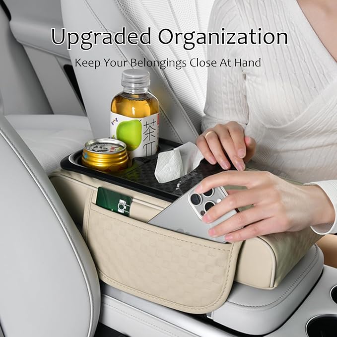 Car Center Console Armrest Pad, Arm Rest Box Cushion with Ergonomic Height Boost, Storage Pockets, Built-in Tissue Box, Cupholder, Fit for Most Sedan Vehicles (Embossing Checkerboard, Beige)