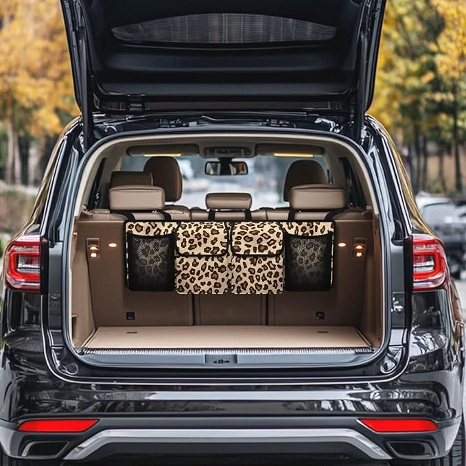 Brown Leopard Car Trunk Organizer Vehicle Seatback Hanging Storage Container with Pockets Sapce-saving Car Interior Accessories