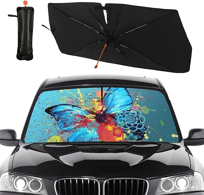 DOPINDU Butterfly Car Windshield Sun Shade Umbrella Bendable Handle Foldable Funny Sunshade for Car Windshield Block UV Rays Keep Vehicle Cool for Most Sedans SUV Trucks Cars 57"x30"