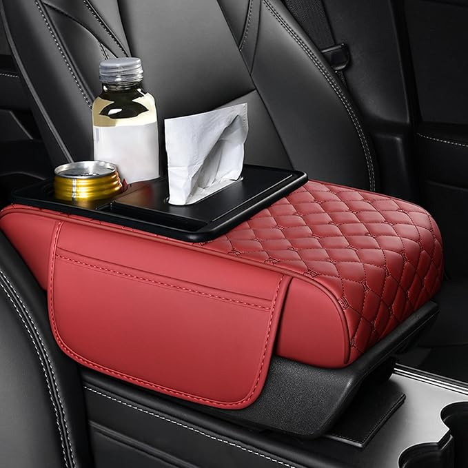 Car Center Console Cover for Lucid Gravity – 5-in-1 Leather Armrest Cushion Pad with 2 Storage Bags, Holds Cups, Phone, Tissues, Car Interior Accessory,C Red