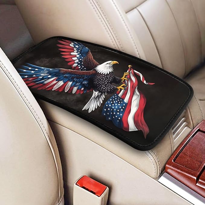 Universal Car Center Console Cushion Pad, Eagle Flag Soft Waterproof Car Center Console Cover Auto Armrest Seat Box Cover Protector for Most Vehicle SUV Truck Car