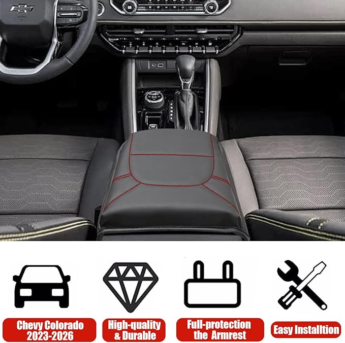 Center Console Cover for Chevy Colorado/GMC Canyon - [Upgraded] Thick & Soft Armrest Cover for Colorado Canyon 2023 2024 2025 2026 Interior Accessories - Red Stitch