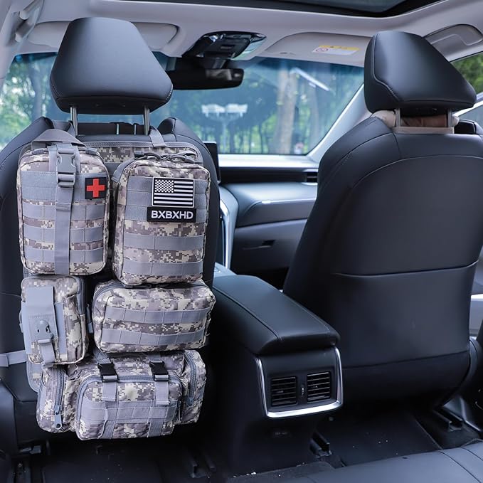 Universal Tactical Car Seat Back Organizer Bag Tactical Molle Vehicle Organizers Panel Vehicle Protector Organizers with 5 Detachable Pouches for Car Truck Ford Jeep (ACU)