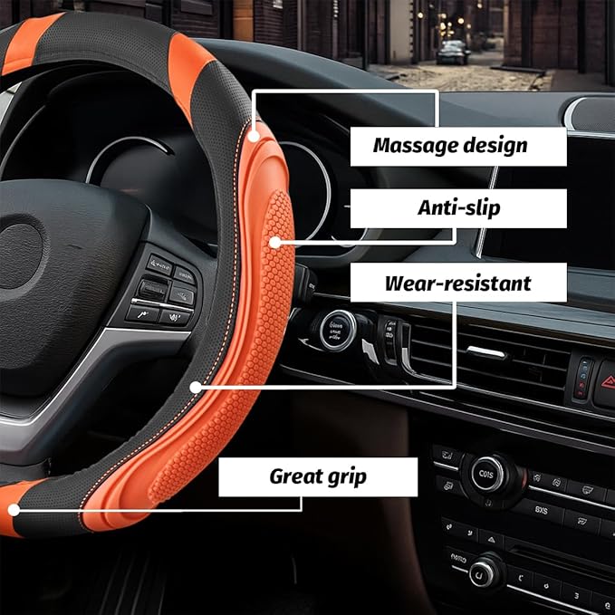 15 Inch Car Leather Steering Wheel Cover, Automotive Accessories Elastic Breathable Anti-Slip Soft Wheel Protector Fits Men and Women, Suitable for SUVs, Trucks, Vehicles and RVs (Orange)