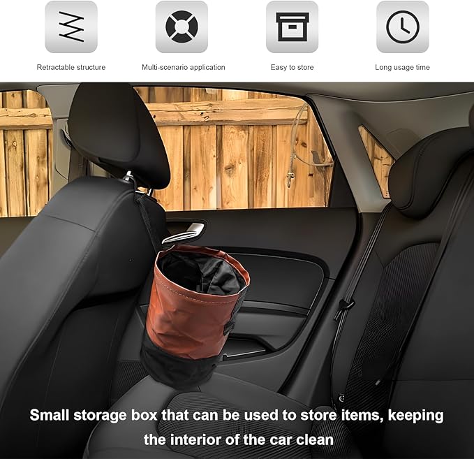 Collapsible Car Trash Can, Waterproof Leather Auto Garbage Bin with Elastic Band & Hook, Retractable Hanging Garbage Organizer Trash Container for Vehicle Home Outdoor