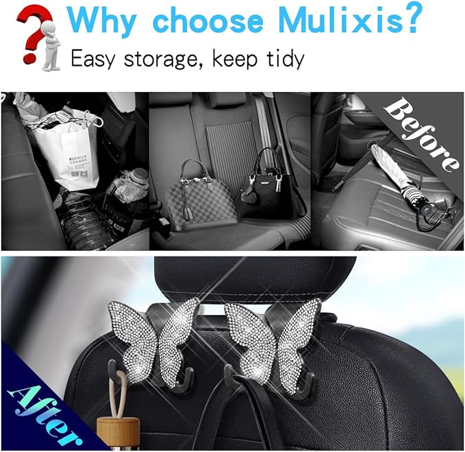 2 Pack Butterfly Bling Car Seat Headrest Hooks for Purses and Bags Aesthetic Design Car Hooks Rhinestones Hanger for Car Back Seat Organizer Storage Hook Bling Black Car Accessories for Women