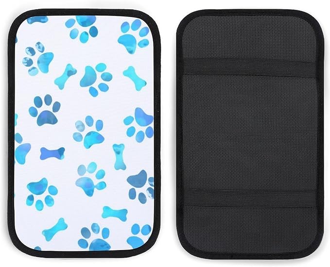 Blue Watercolor Paw Prints Car Center Console Cushion Pad,Waterproof Armrest Seat Box Cover Protector,Comfortable Car Decor Accessories Fit for Most Cars, Vehicles, SUVs
