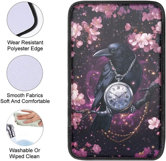 Raven Clock Print Armrest Cover Pad for Car Cherry Blossom Print Car Armrest Box Protector Pad Universal Fits for Sedan Truck SUV, Easy to Install Auto Decor for Women Men
