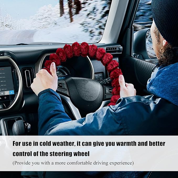 Fluffy Car Steering Wheel Cover, 14.5-15 Inches Anti-Slip Plush Fuzzy Steering Wheel Protector, Soft Warm Steering Wheel Cover Interior Decor for Women Girl, Car Accessories (Red)