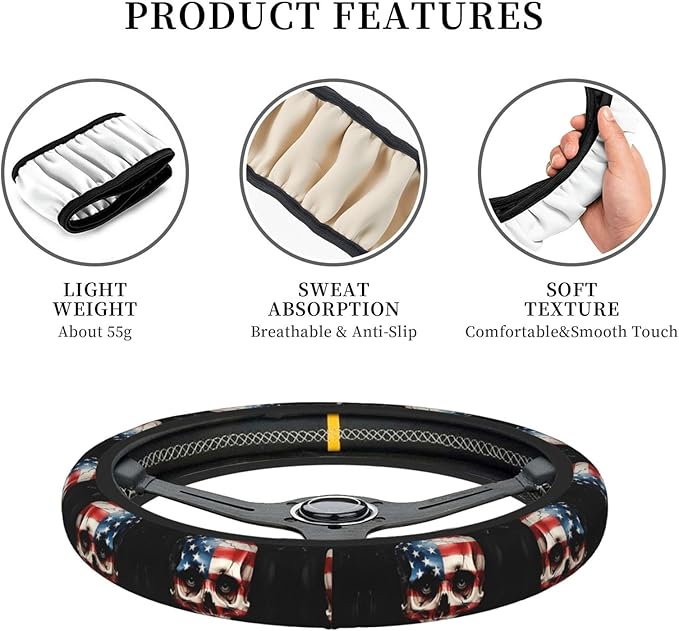 Neoprene Steering Wheel Cover Cool Skull America Flag Car Steering Wheel Cover Universal Fit for Most Cars