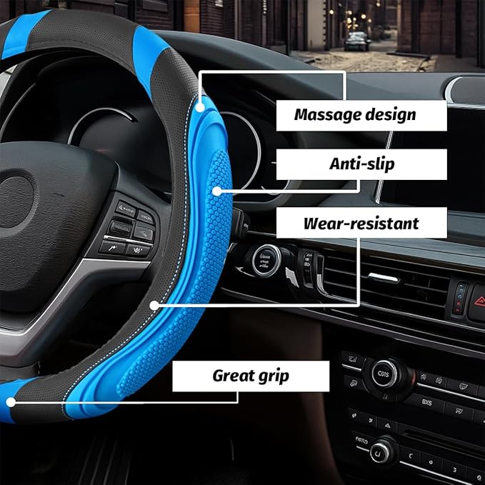 15 Inch Car Leather Steering Wheel Cover, Automotive Accessories Elastic Breathable Anti-Slip Soft Wheel Protector Fits Men and Women, Suitable for SUVs, Trucks, Vehicles and RVs (Light Blue)