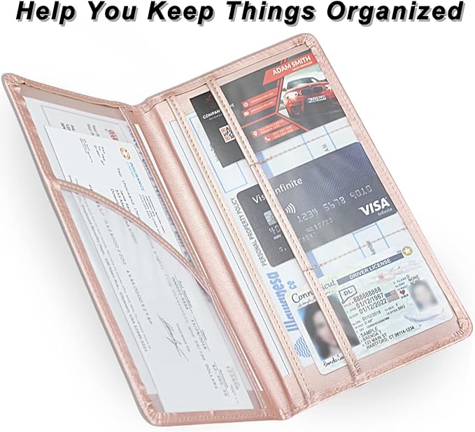 Car Registration and Insurance Holder, Premium Leather Insurance and Registration Holder,vehicle Glove Box Car Organizer, with Magnetic Shut for Cards, Driver License (Rose Gold)