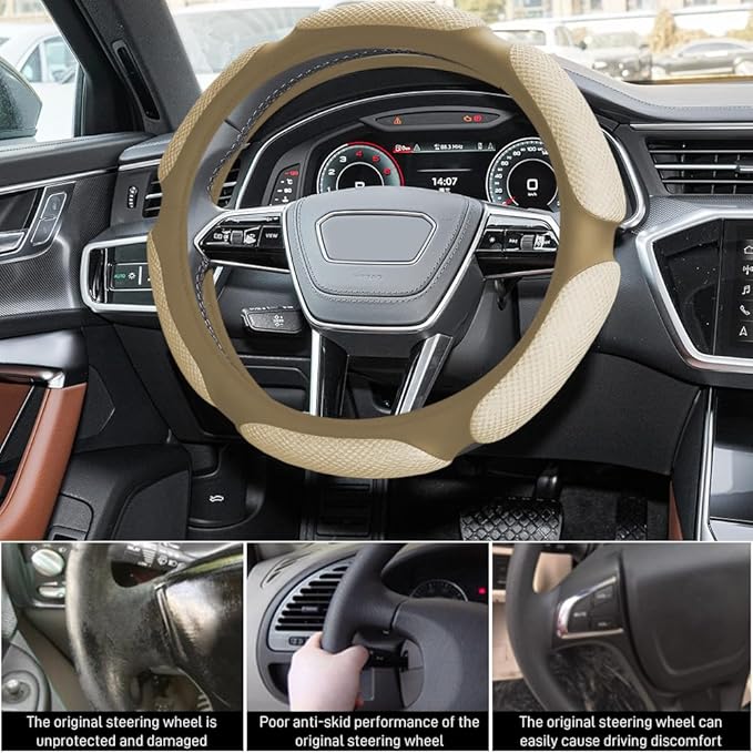 Car Steering Wheel Cover, Breathable Sporty Auto Wheels Wrap, 15 Inch Suede Steering Wheel Protector with Comfortable Grip, Steering Wheel Cover Hand Pad Cushion Slip-on for Cars (Beige)