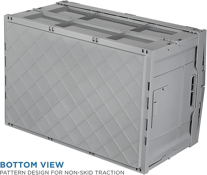 Mount-It! Folding Plastic Storage Crate, PACK OF 3, Collapsible Utility Distribution Container with Attached Lid, 65L Liter Capacity, Gray,