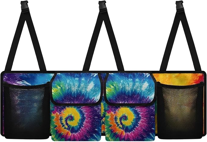 CLOHOMIN Rainbow Tie Dye Car Trunk Organizer Hanging Back Seat Storage Bag with 4 Pockets Large Capacity Trunk Organizer for SUV Truck Sedan Car Interior Accessories