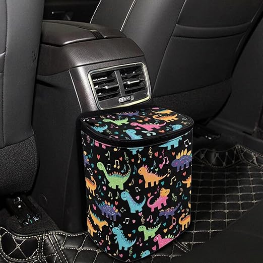 Cute Dinosaur Print Car Trash Can with Lid Hanging Car Trash Bag Leak-Proof Portable Cars Garbage Bin Sedan Accessories Interior Cars Organizer