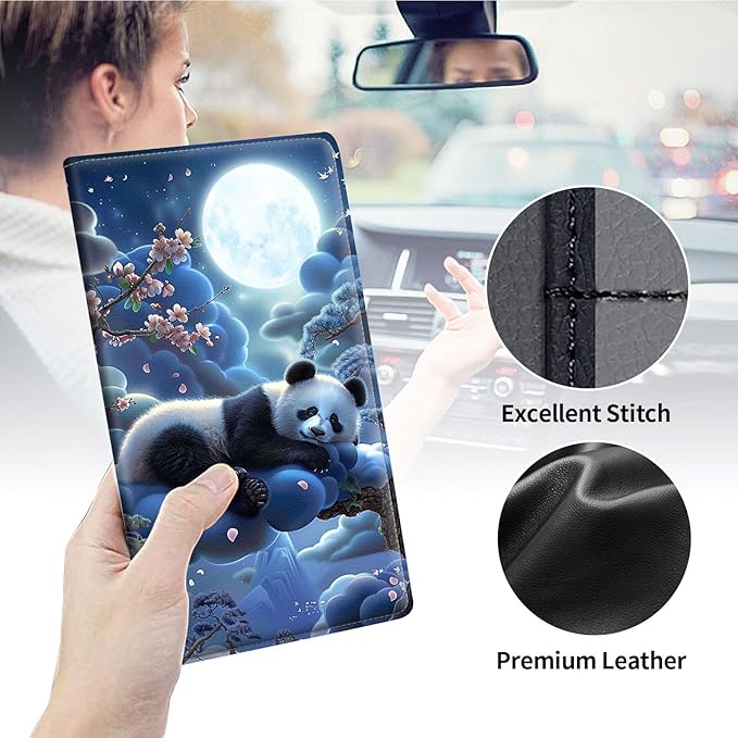 Qindaiwen Car Registration and Insurance Holder, Vehicle Card Document Elastic Band Closure Glove Box Organizer, Driver License Cards, Car Accessories for Essential Info, Panda