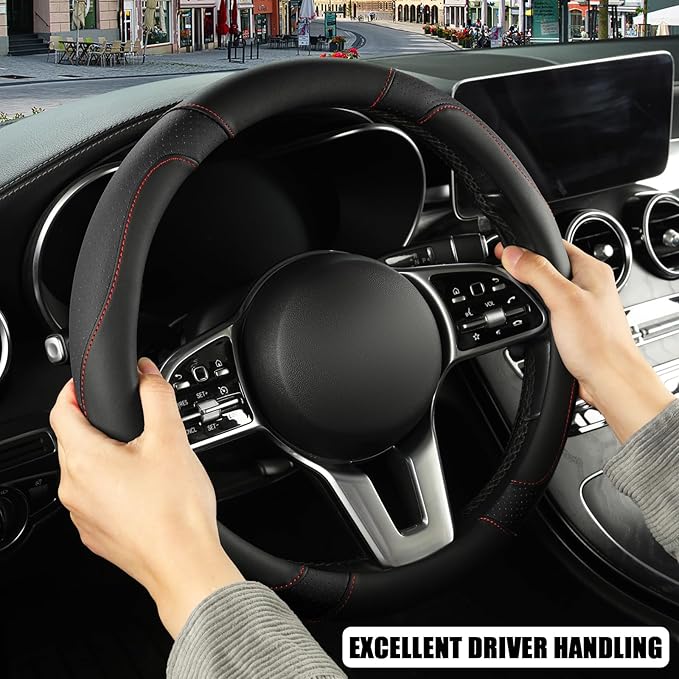 Binsheo Microfiber Leather Steering Wheel Cover Large Size for Ford F150 F250 F350 F450 RAM 4Runner Tacoma Tundra Sequoia Model S Model X, Breathable, Anti Slip, 15.5 inch to 16 inch, Black