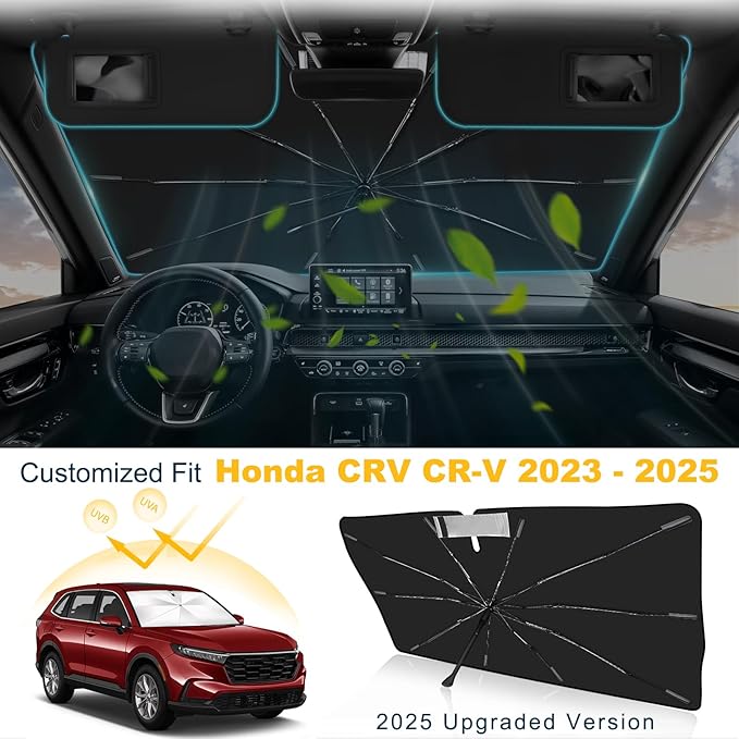 2025 Upgrade Windshield Sun Shade Umbrella Custom Fit for Honda CRV CR-V 2023 2024 2025 Foldable UV Protection Car Cover, Emergency Rain Shield & Dashboard Protector - Durable Auto Accessory