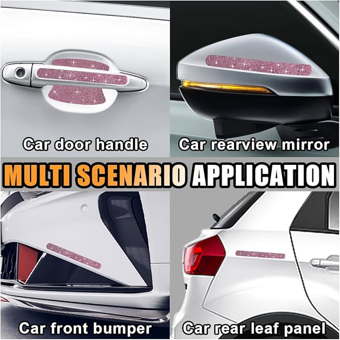 10PCS Bling Car Door Handle Anti-Scratch Sticker, Universal Car Doors Handles Protective Cover, Shiny Rhinestone Auto Decor Accessories for Women (Pink)