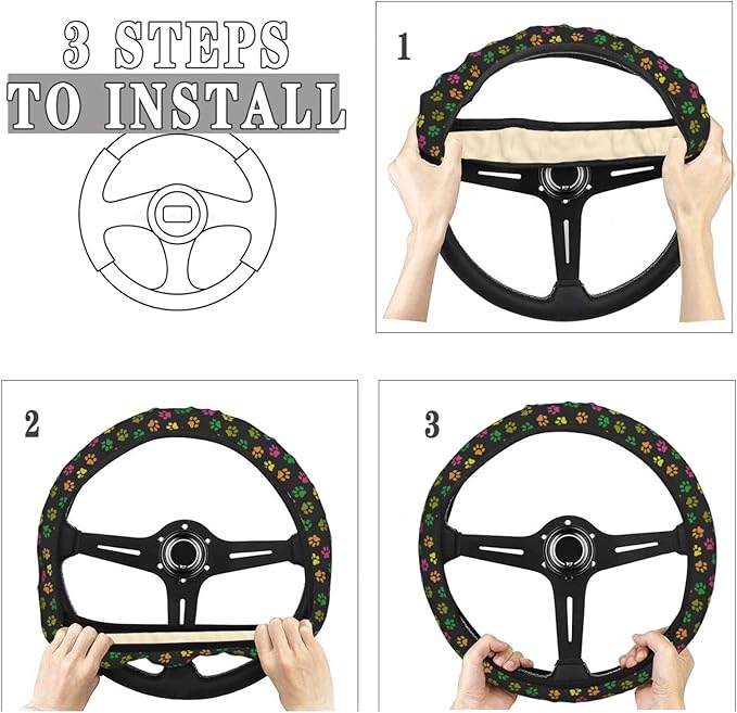FeHuew Dog Paws Colorful Print Steering Wheel Cover for Women, Girls 15 inch Universal Auto Car Anti Slip Wrap Steering Wheel Covers Fit for Vehicles, Truck, SUV
