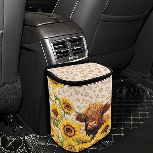 Highland Cow Car Trash Can Hanging Mini Auto Garbage Bin with Lid Washable Leak Proof Automotive Car Rubbish Bags for Back Front Seat，Car Interior Accessory