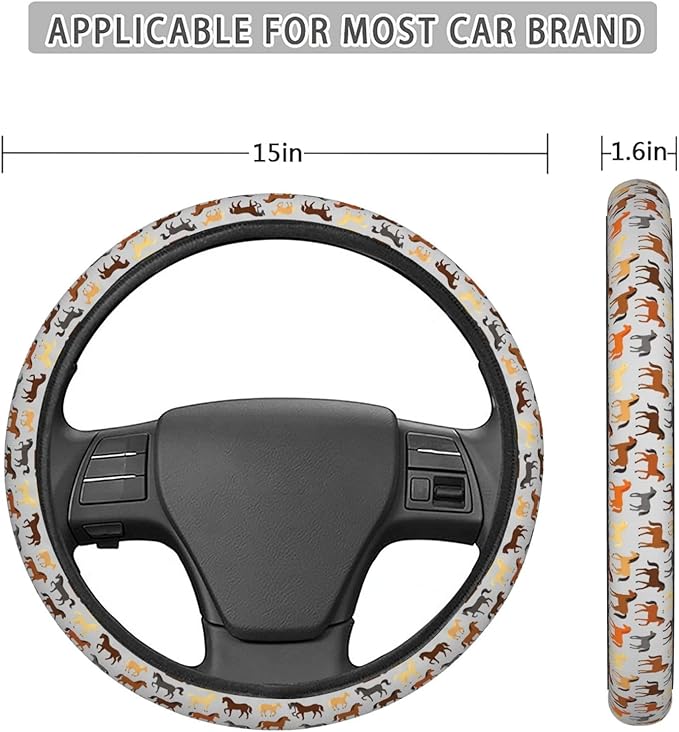 FeHuew Brown Colors Horses Steering Wheel Cover for Women, Girls 15 inch Universal Auto Car Anti Slip Wrap Steering Wheel Covers Fit for Vehicles, Truck, SUV