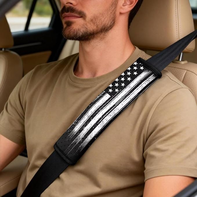 Qeluxign American Flag PU Leather Car Seat Cover Set of 5 Auto Accessories 2 Front Bucket Seat Covers, 2 Seatbelt Pads & 1 Armrest Cover, Easy to Install