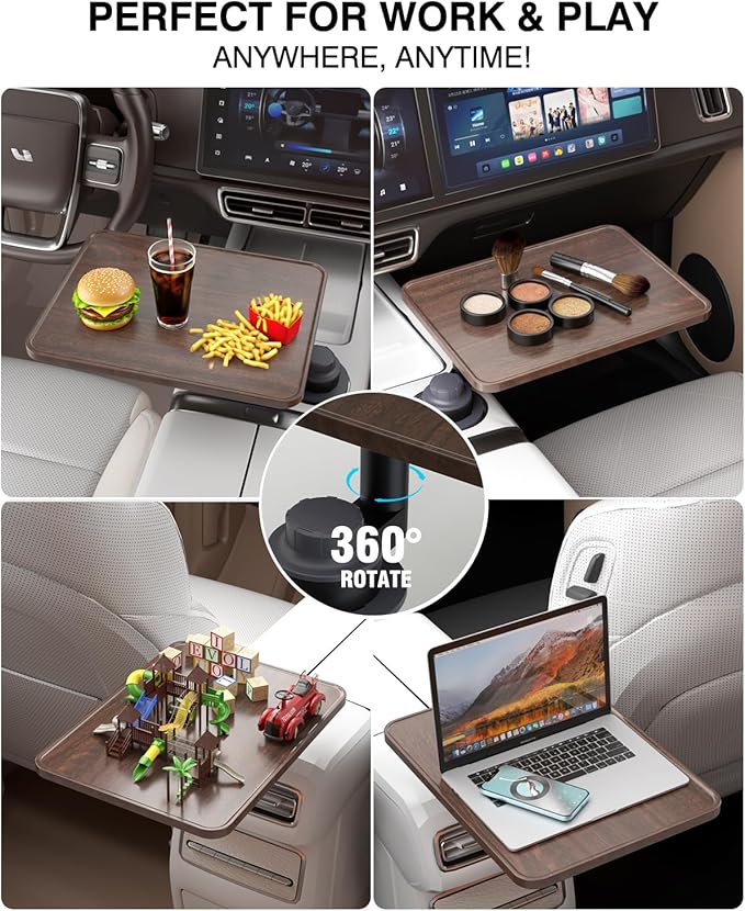 Car Desk for Laptop, Cup Holder Table with 360° Rotation - Wooden Car Laptop Mount, Car Table & Car Food Tray Compatible with Tesla Model Y/3/S & Most Vehicles