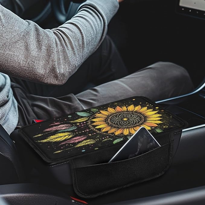 CLOHOMIN Sunflower Auto Center Console Armrest Cover Dream Catcher Car Arm Rest Cushion Accessories Interior Decor Fit SUV Truck Sedan Car Armrest Cover Cushion with Pockets