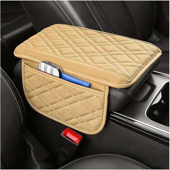 Car Center Console Cover, Leather Vehicle Armrest Cushion Pad with 2 Storage Bags, Comfortbale Automotive Interior Middle Seat Box Protector Accessories, Universal Fit (Beige)