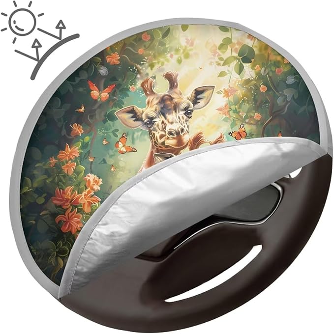 Steering Wheel Sun Shade Cover 17"x17" Car Steering Wheel Cover Vehicle Steering Wheel Protector Decorative Accessories for SUV Truck Car Van, Giraffe Peach Blossom Butterfly