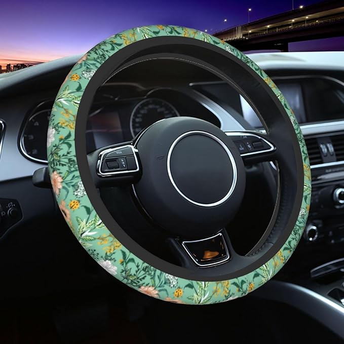 Wild Plant Flowers Steering Wheel Cover for Women Men with 2 Pcs Car Coasters, 15 Inches Neoprene Anti-Slip Cute Universal Green Car Accessories Protective Cover for Vehicle