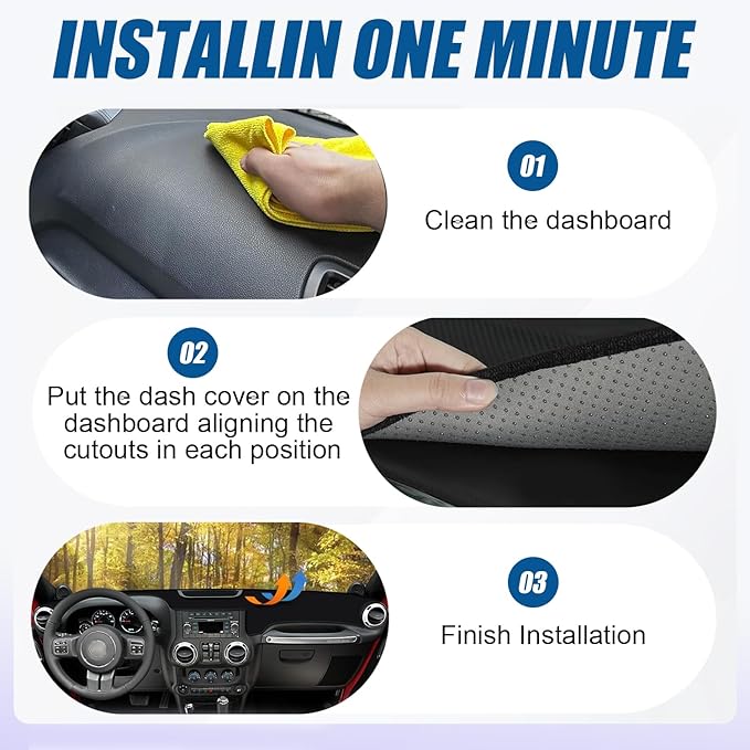 Dash Cover Mat Fit for Jeep Wrangler 2011 2012 2013 2014 2015 2016 2017 JK JKU Unlimited Sport Sahara Rubincon Accessories,Non-Slip Flannel Dashboard Cover Mat Sunshield Protector Sunshield Glare