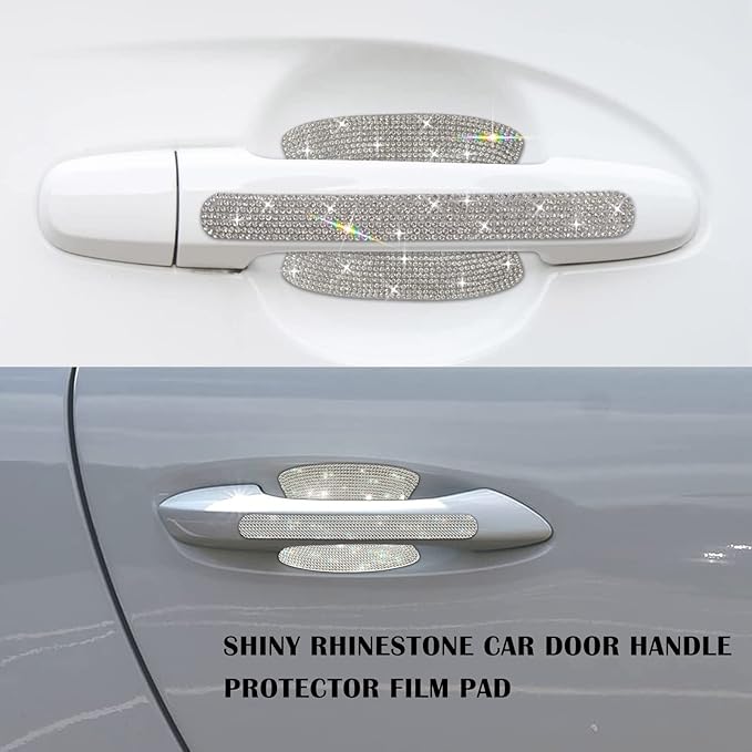 kingsea 8pcs Bling Car Door Handle Protector Stickers,Crystal Rhinestone Glitter Car Door Handles Cup Scratch Protectors Decals Universal (White)