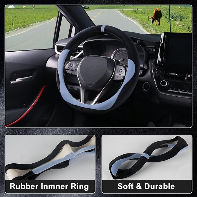 COFIT Plush Steering Wheel Cover Winter, Soft Warm Furry Grip Protector for Cars SUVs Trucks, Fits 14.5-15 Inch, Non-Slip Interior Accessory, Blue