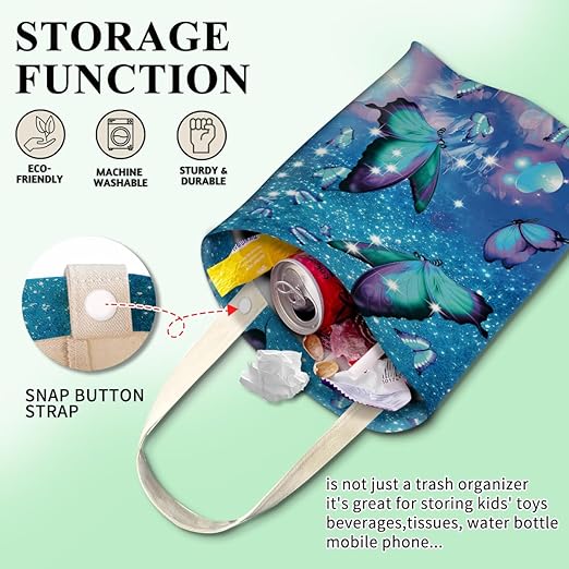 Car Trash Can, Cute Car Trash Bag, Hanging Car Organizer and Storage Bag, Trash Bin for Car Accessories, Vehicle, Travelling, Camping Blue Purple Butterfly