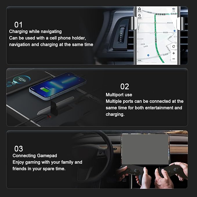 Astibym Car USB Hub 27W Fast Charging with 2 Cables Center Console Docking Station Replacement for Tesla Model 3 Y 2021 to 2023