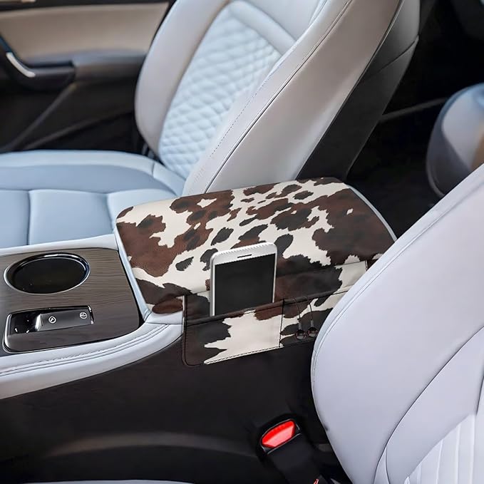 Dreaweet Brown Cow Print Center Console Cover Pad Cute Car Accessories for Women Thick Arm Rest Cover with Pockets for Car SUV Truck Soft Comfortable Car Armrest Cushion