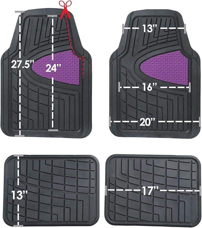 TLH Premium Tall Channel Rubber Car Trimmable Floor Mats - Heavy-Duty Purple Rubber Floor Mats, Universal Fit Full Set, Climaproof™ Floor Mats, Trimmable Floor Mats for Most Sedan, SUV, Truck